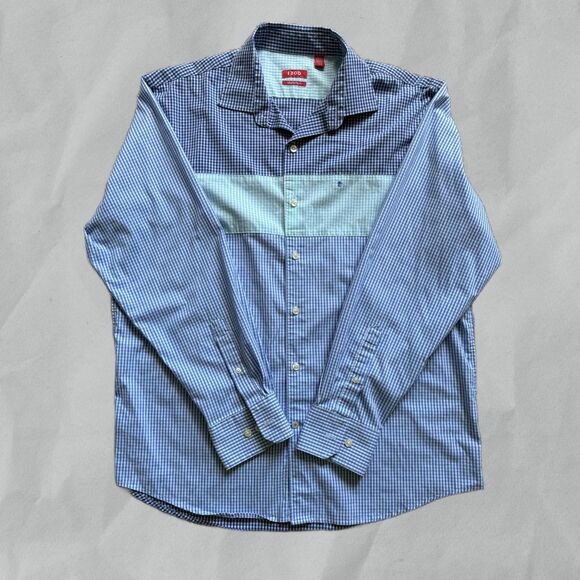 Men's Izod Shirt Long Sleeve Button Down Blue Teal Checkered Size LG - Picture 3 of 5